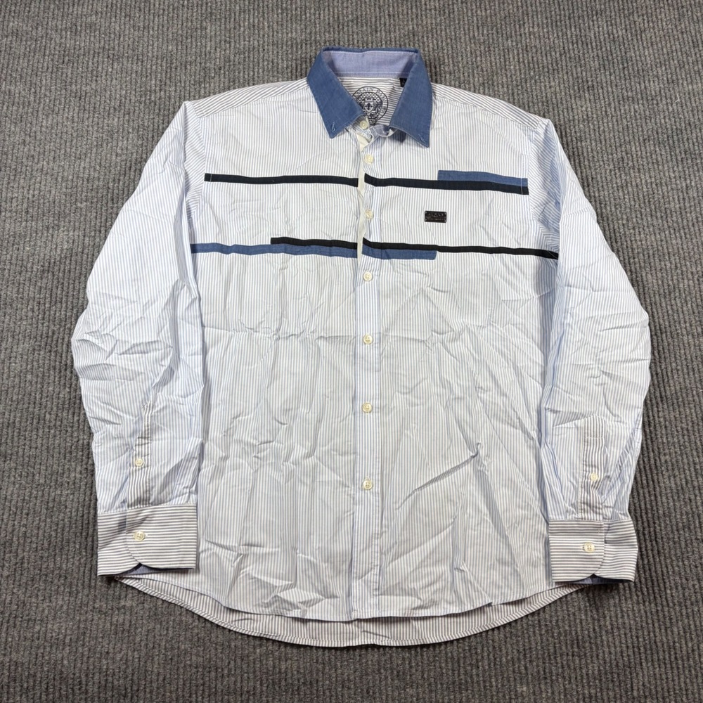 Balmain Paris Shirt Men's L Blue White Striped Long Sleeve Button Up Logo